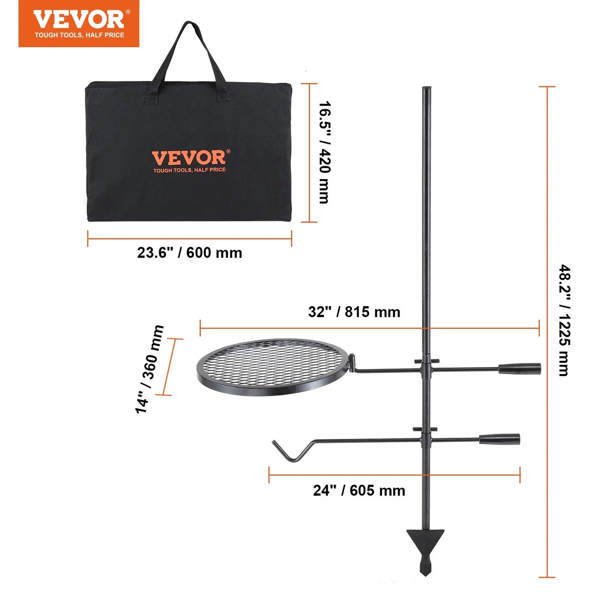 VEVOR Swivel Campfire Grill, Fire Pit Grill Grate over Fire Pits, Heavy Duty Steel Grill Grates, 360° Adjustable Open Fire Outdoor Cooking Equipment, Portable Camp Fire Racks for Camping Outdoor BBQ - View 6