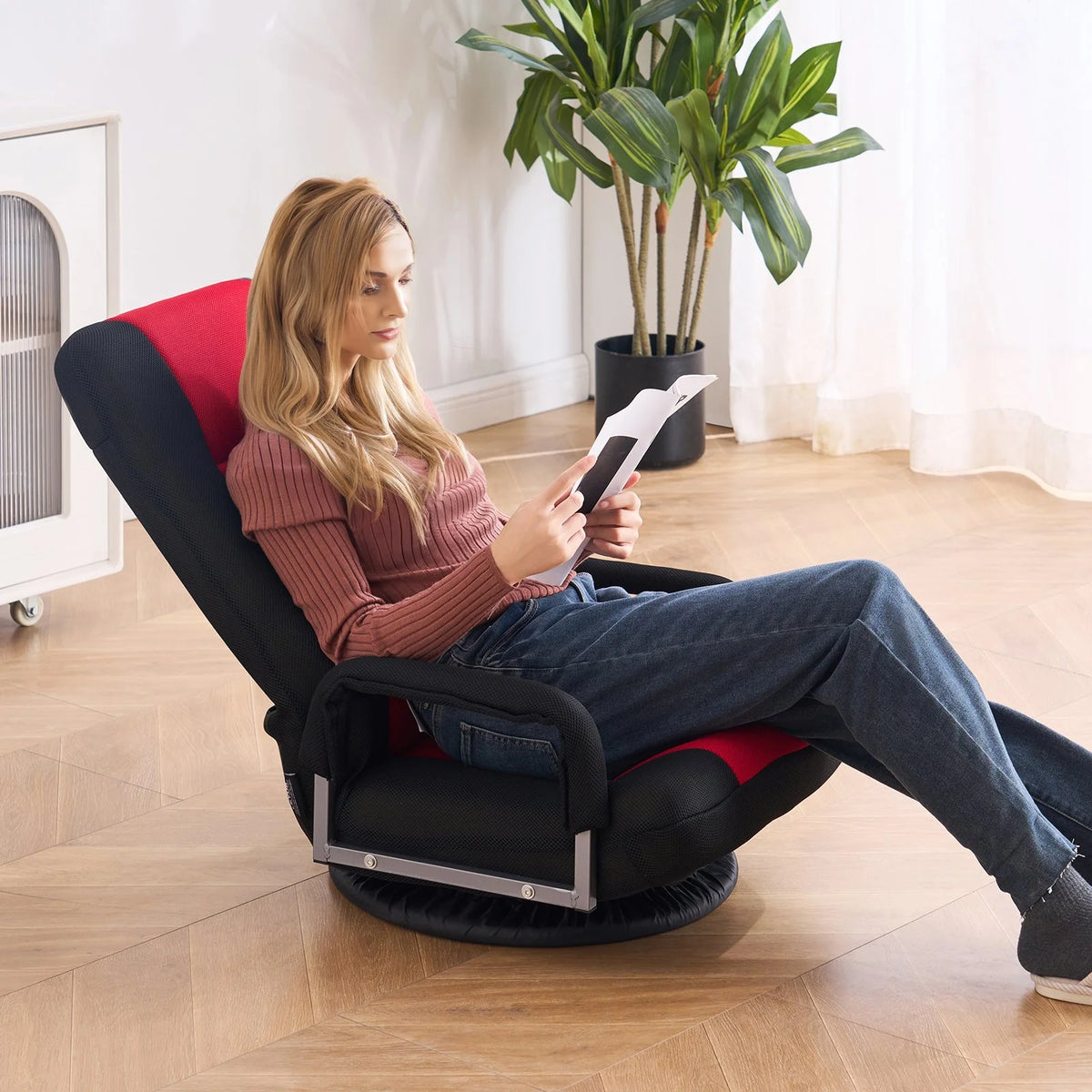VEVOR Swivel Floor Gaming Chair with Armrests, 360-Degree Rotating Floor Chair with 6 Adjustable Position Folding Backrest and Lumbar Support, Folding Video Reclining Sofa for TV Reading, Red Black - View 2