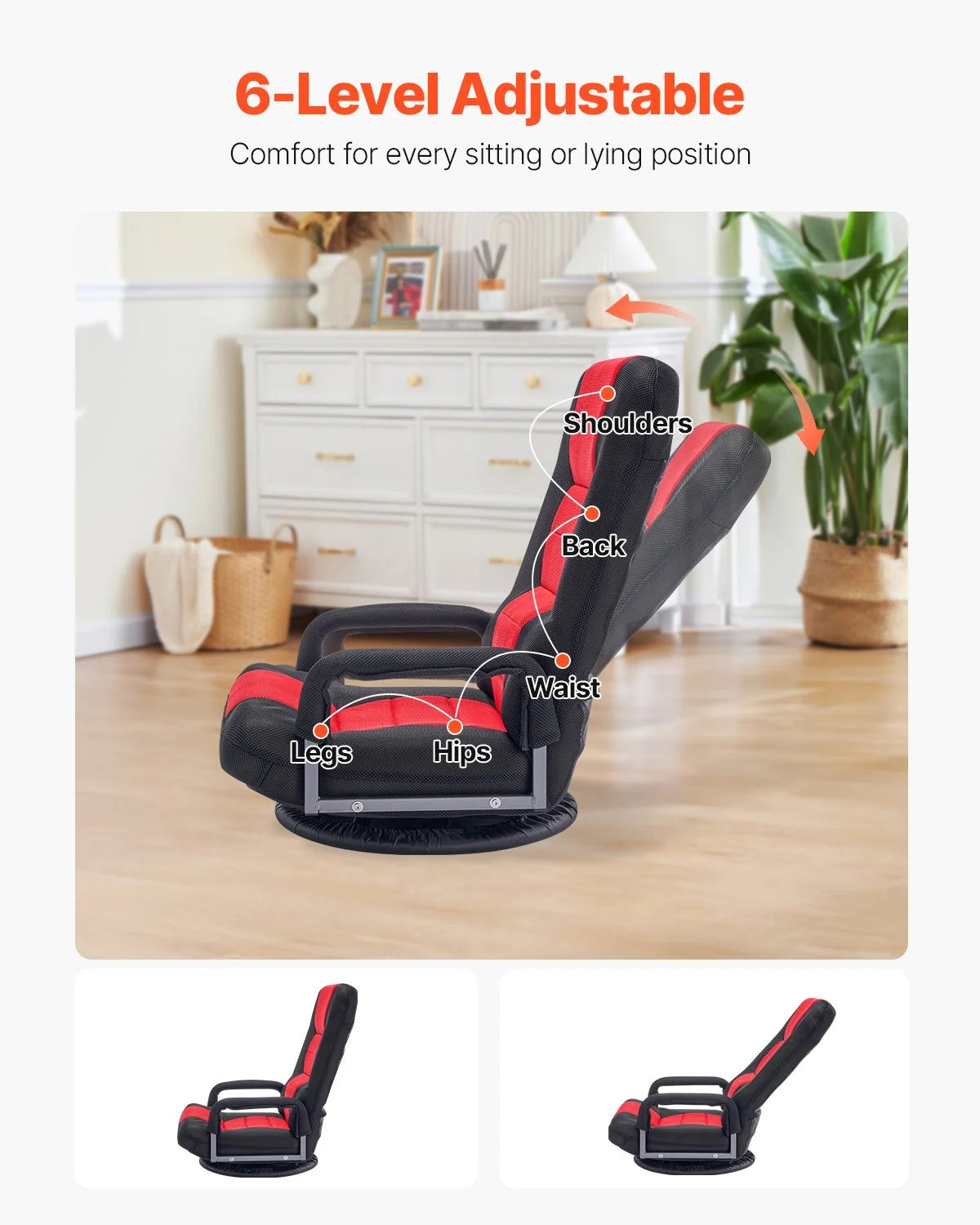 VEVOR Swivel Floor Gaming Chair with Armrests, 360-Degree Rotating Floor Chair with 6 Adjustable Position Folding Backrest and Lumbar Support, Folding Video Reclining Sofa for TV Reading, Red Black - View 3