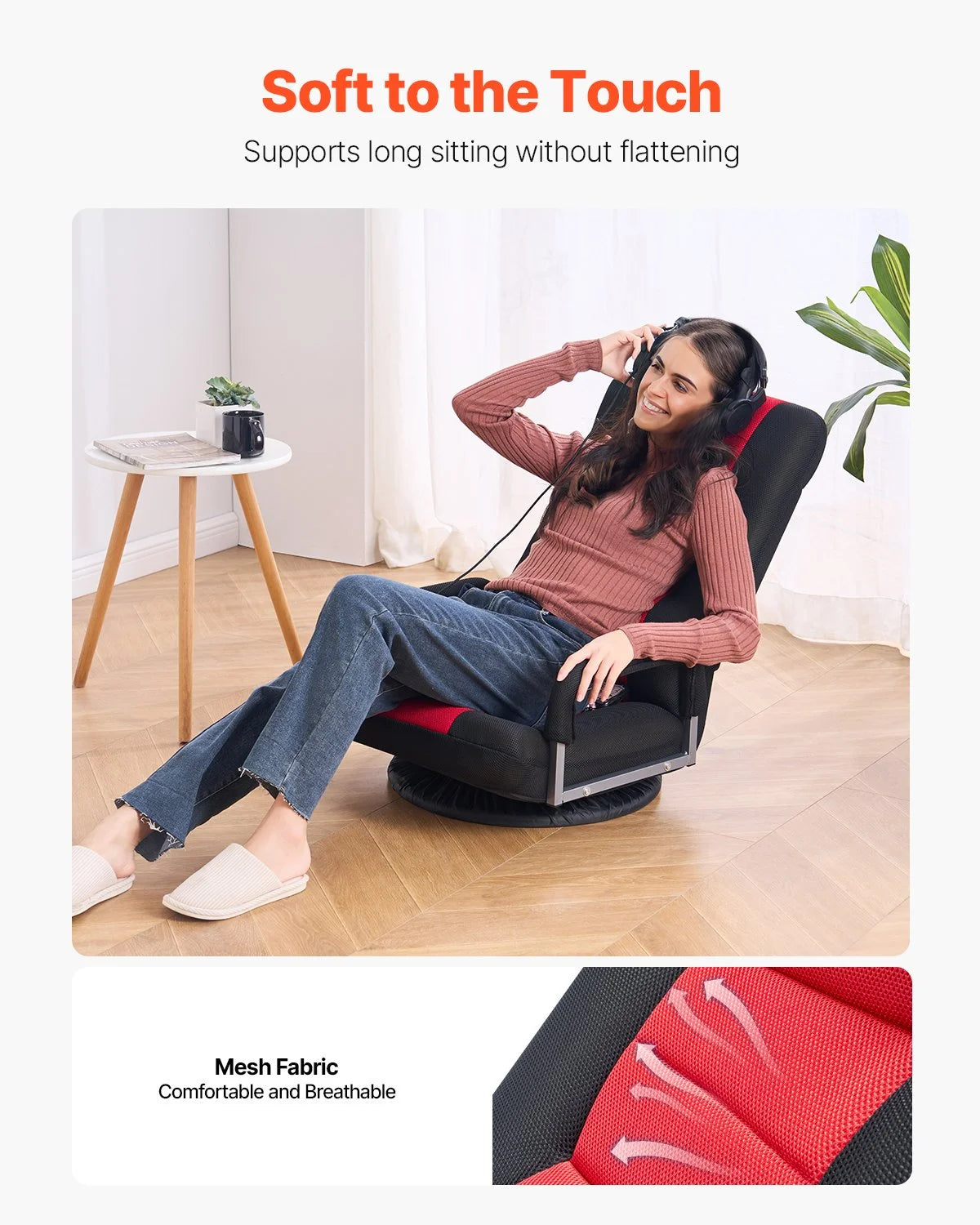 VEVOR Swivel Floor Gaming Chair with Armrests, 360-Degree Rotating Floor Chair with 6 Adjustable Position Folding Backrest and Lumbar Support, Folding Video Reclining Sofa for TV Reading, Red Black - View 4