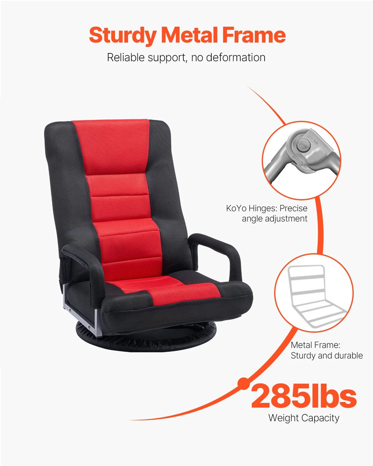 VEVOR Swivel Floor Gaming Chair with Armrests, 360-Degree Rotating Floor Chair with 6 Adjustable Position Folding Backrest and Lumbar Support, Folding Video Reclining Sofa for TV Reading, Red Black - View 5