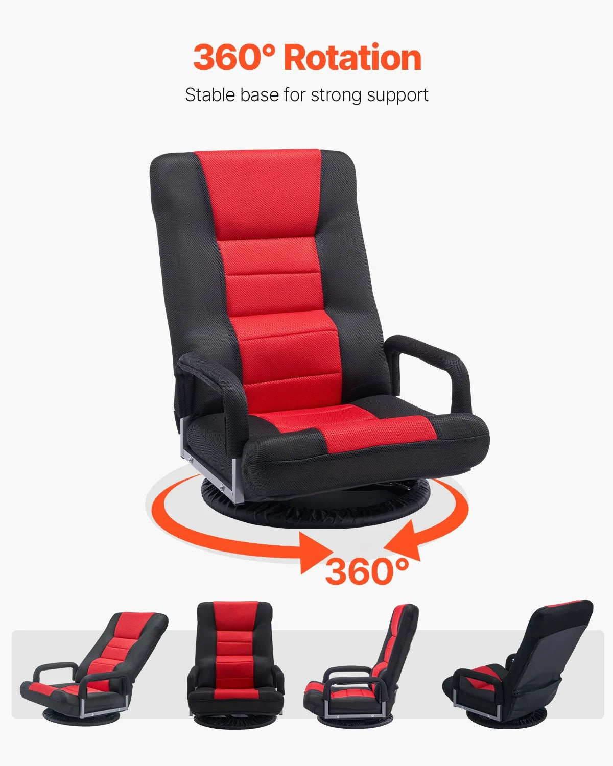 VEVOR Swivel Floor Gaming Chair with Armrests, 360-Degree Rotating Floor Chair with 6 Adjustable Position Folding Backrest and Lumbar Support, Folding Video Reclining Sofa for TV Reading, Red Black - View 6