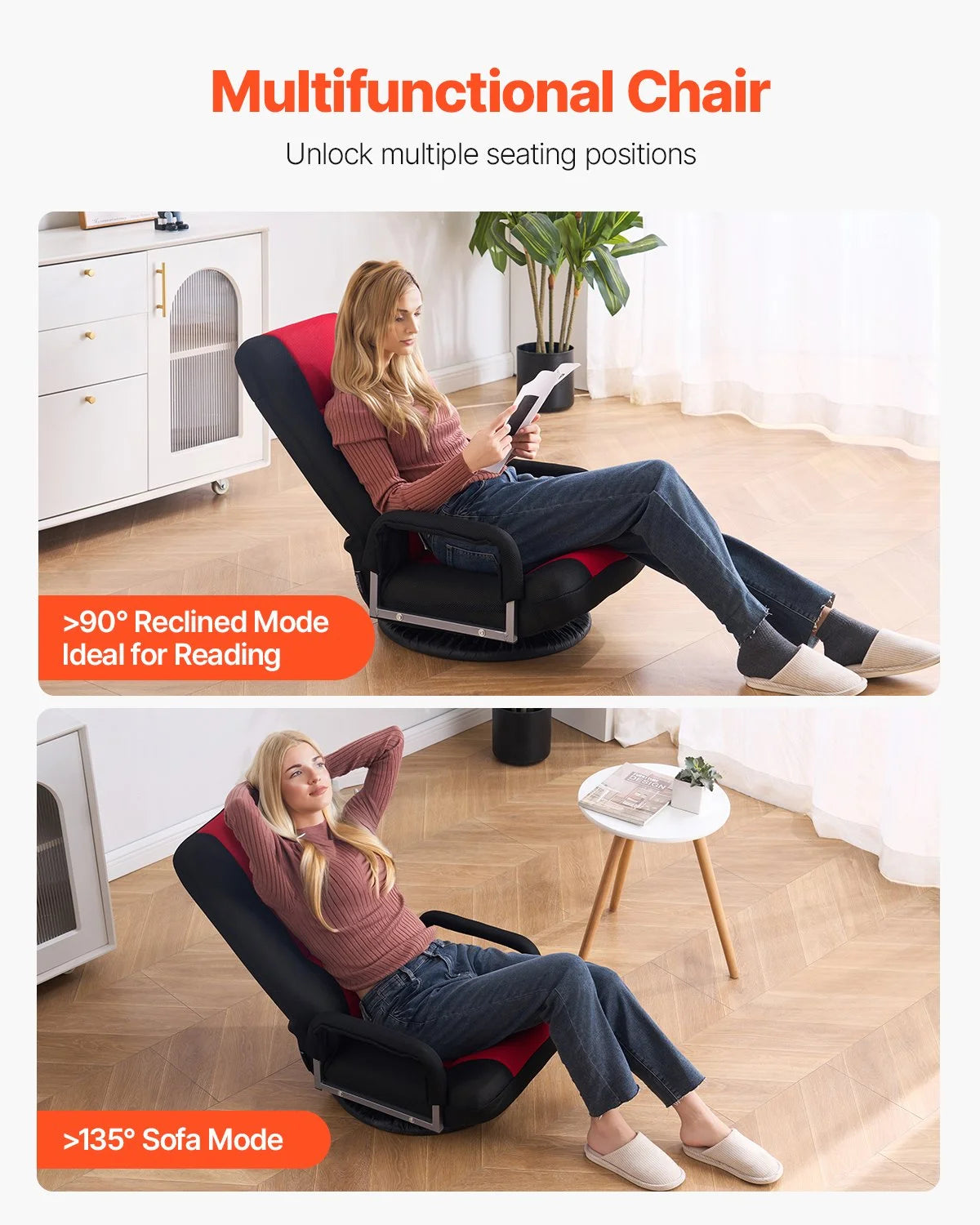 VEVOR Swivel Floor Gaming Chair with Armrests, 360-Degree Rotating Floor Chair with 6 Adjustable Position Folding Backrest and Lumbar Support, Folding Video Reclining Sofa for TV Reading, Red Black - View 7