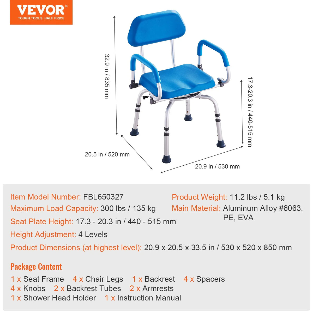 VEVOR Swivel Shower Chair 360 Degree, Adjustable Shower Seat with Pivoting Arms & Padded Bath Seat for Inside Shower or Tub, Non-Slip Rotating Bathtub Chair for Elderly Disabled, 300LBS Capacity - View 2