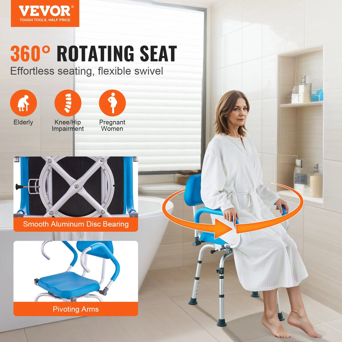 VEVOR Swivel Shower Chair 360 Degree, Adjustable Shower Seat with Pivoting Arms & Padded Bath Seat for Inside Shower or Tub, Non-Slip Rotating Bathtub Chair for Elderly Disabled, 300LBS Capacity - View 3