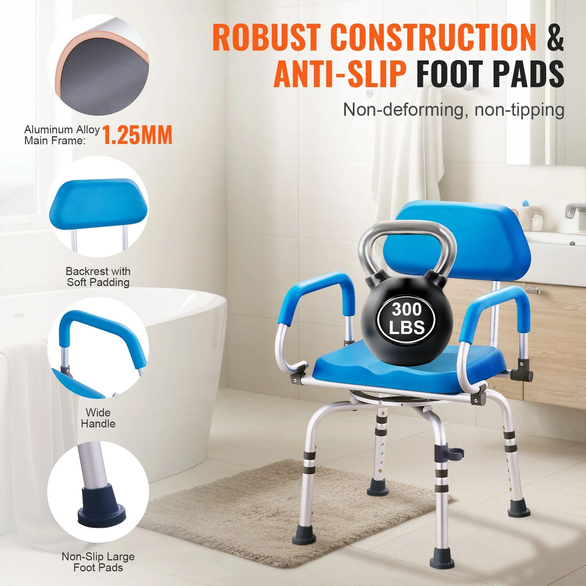VEVOR Swivel Shower Chair 360 Degree, Adjustable Shower Seat with Pivoting Arms & Padded Bath Seat for Inside Shower or Tub, Non-Slip Rotating Bathtub Chair for Elderly Disabled, 300LBS Capacity - View 5