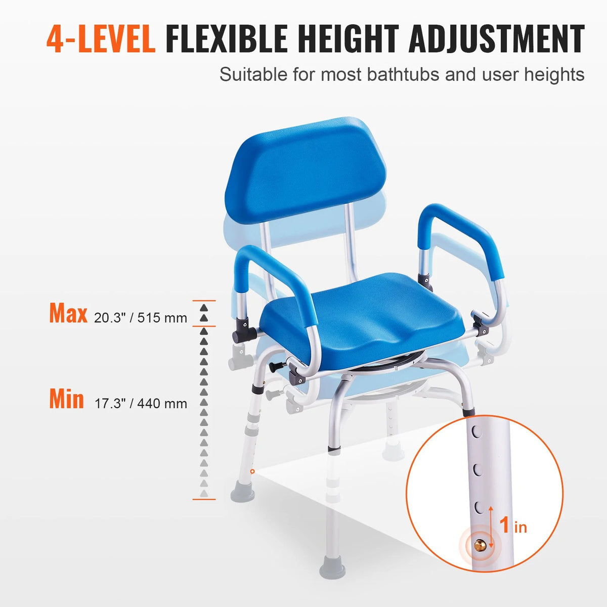VEVOR Swivel Shower Chair 360 Degree, Adjustable Shower Seat with Pivoting Arms & Padded Bath Seat for Inside Shower or Tub, Non-Slip Rotating Bathtub Chair for Elderly Disabled, 300LBS Capacity - View 6