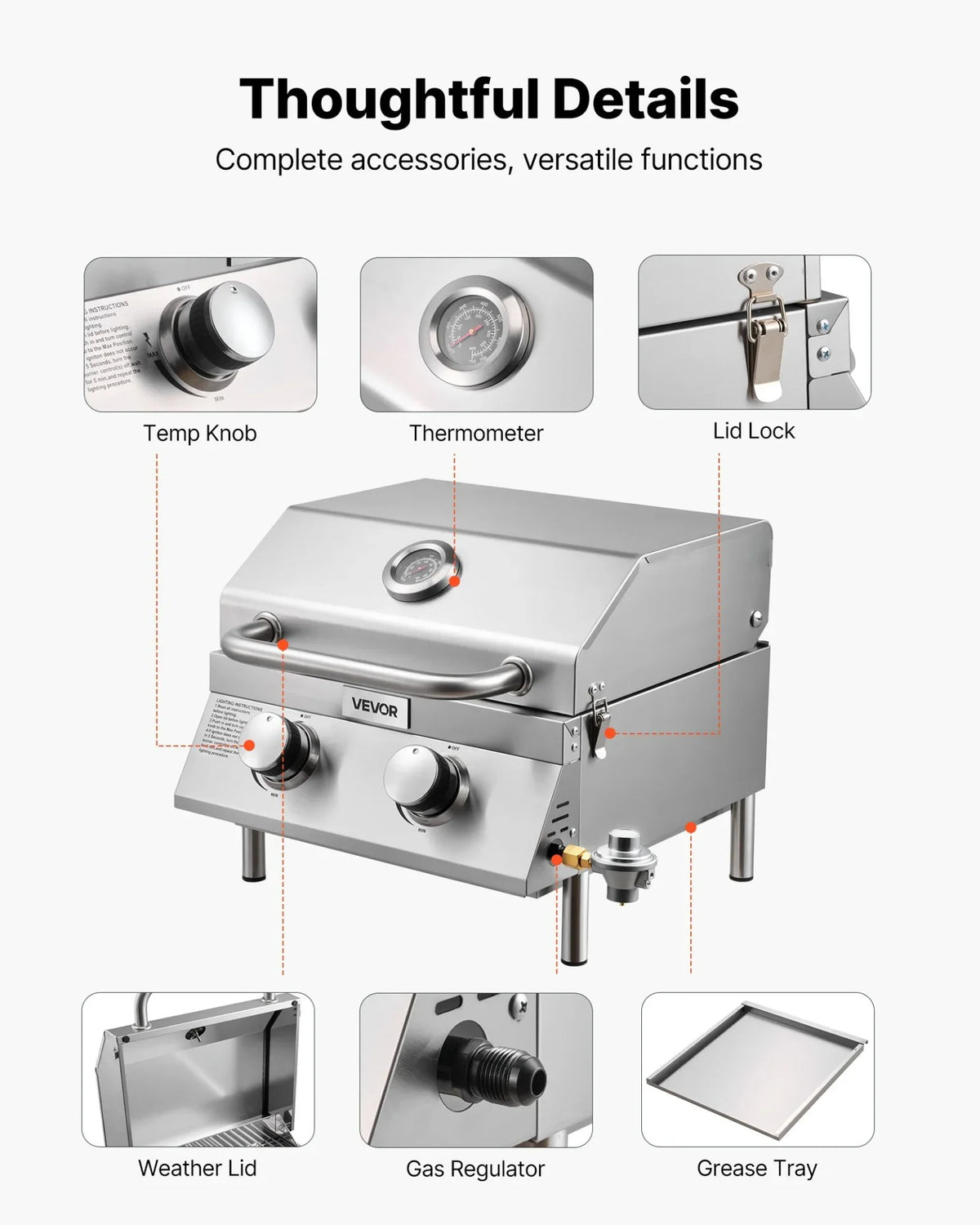 VEVOR Tabletop Gas Grill 2-Burner Portable Propane Grill Stainless Steel Outdoor - View 6