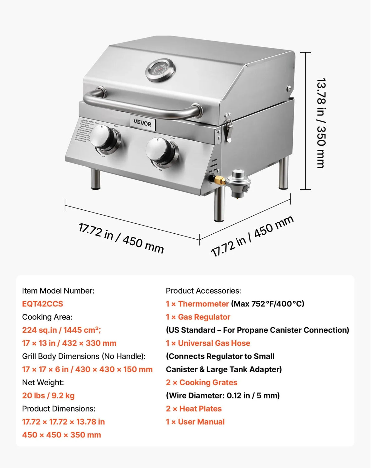 VEVOR Tabletop Gas Grill 2-Burner Portable Propane Grill Stainless Steel Outdoor - View 7