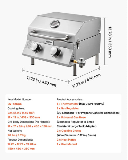 VEVOR Tabletop Gas Grill 2-Burner Portable Propane Grill Stainless Steel Outdoor - View 7