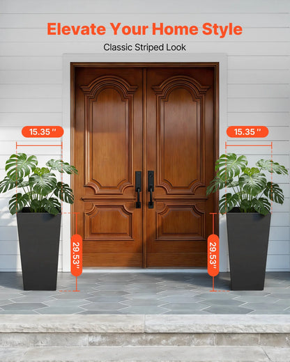 VEVOR Tall Planters Set of 2, 30 Inch Large Outdoor Taper Planters for Outdoor Indoor Plants, Front Porch Plastic Modern Flower Pots with Casters, Inner Pot & Drainage Holes for Patio, Garden, Black - View 2