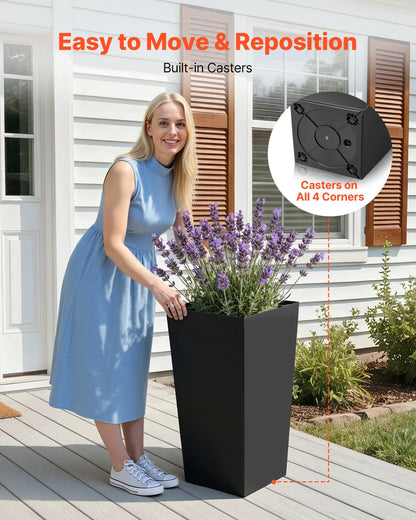 VEVOR Tall Planters Set of 2, 30 Inch Large Outdoor Taper Planters for Outdoor Indoor Plants, Front Porch Plastic Modern Flower Pots with Casters, Inner Pot & Drainage Holes for Patio, Garden, Black - View 3
