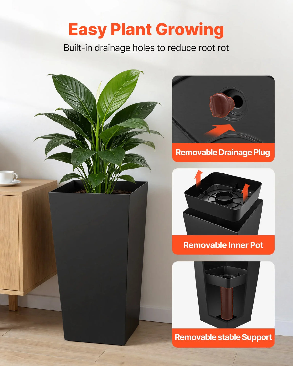 VEVOR Tall Planters Set of 2, 30 Inch Large Outdoor Taper Planters for Outdoor Indoor Plants, Front Porch Plastic Modern Flower Pots with Casters, Inner Pot & Drainage Holes for Patio, Garden, Black - View 4