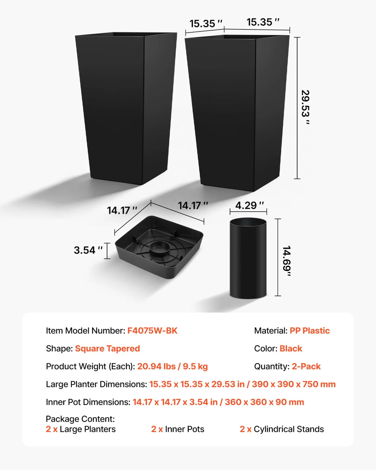 VEVOR Tall Planters Set of 2, 30 Inch Large Outdoor Taper Planters for Outdoor Indoor Plants, Front Porch Plastic Modern Flower Pots with Casters, Inner Pot & Drainage Holes for Patio, Garden, Black - View 6