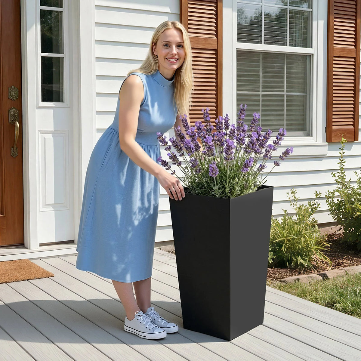 VEVOR Tall Planters Set of 2, 30 Inch Large Outdoor Taper Planters for Outdoor Indoor Plants, Front Porch Plastic Modern Flower Pots with Casters, Inner Pot & Drainage Holes for Patio, Garden, Black - View 7