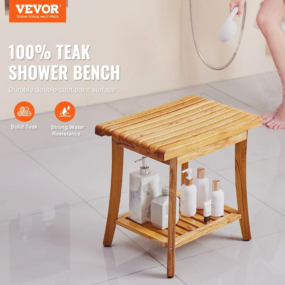 VEVOR Teak Shower Bench, 20 x 14.3 x 17.9 in, Waterproof Wood Shower Stool with Storage Shelf Non-Slip Foot Pads, 400 lbs Maximum Load Capacity Shower Chair Seat, for Bathroom Indoor and Outdoor Use - View 2