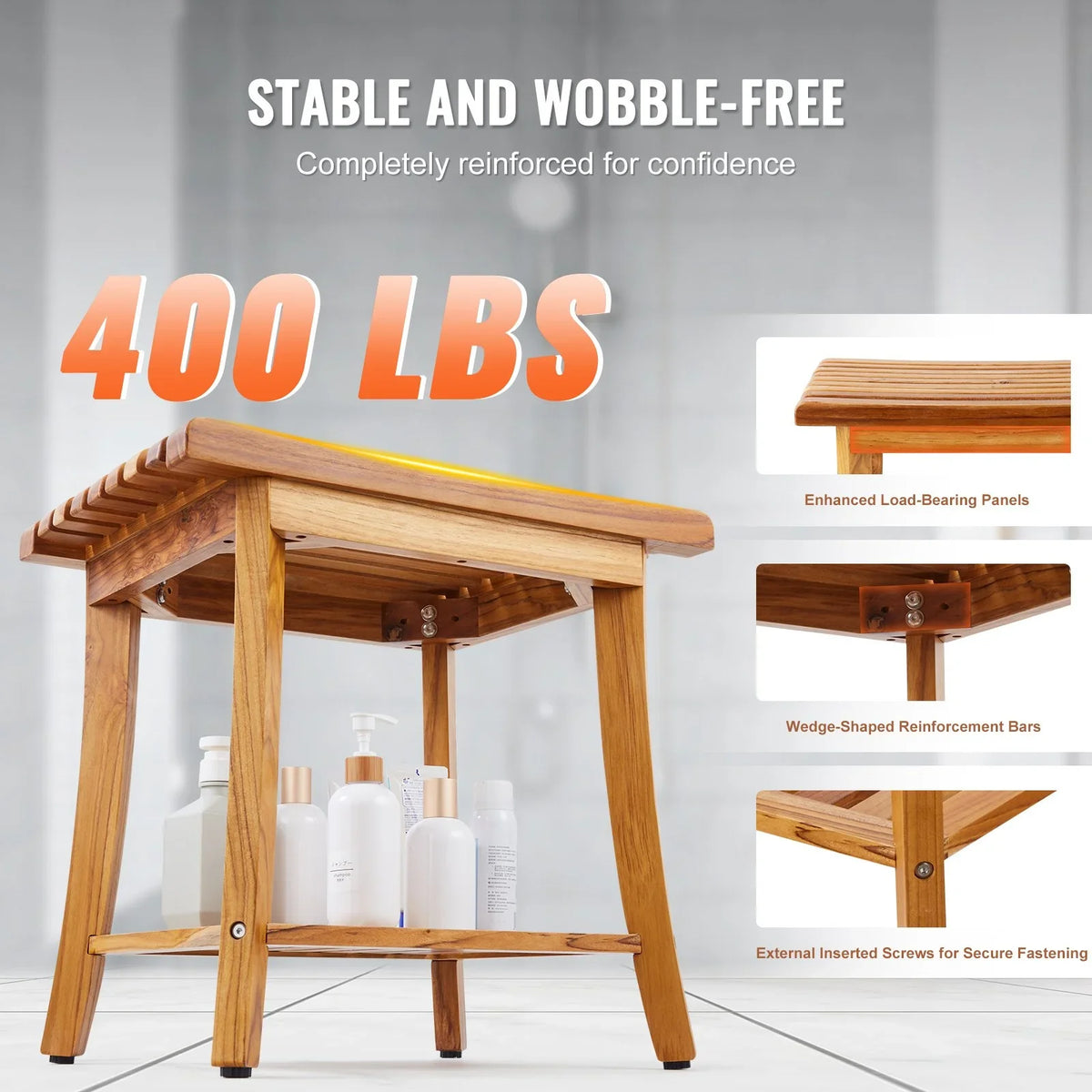 VEVOR Teak Shower Bench, 20 x 14.3 x 17.9 in, Waterproof Wood Shower Stool with Storage Shelf Non-Slip Foot Pads, 400 lbs Maximum Load Capacity Shower Chair Seat, for Bathroom Indoor and Outdoor Use - View 3