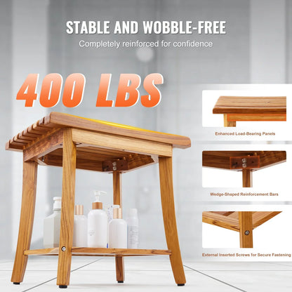VEVOR Teak Shower Bench, 20 x 14.3 x 17.9 in, Waterproof Wood Shower Stool with Storage Shelf Non-Slip Foot Pads, 400 lbs Maximum Load Capacity Shower Chair Seat, for Bathroom Indoor and Outdoor Use - View 3