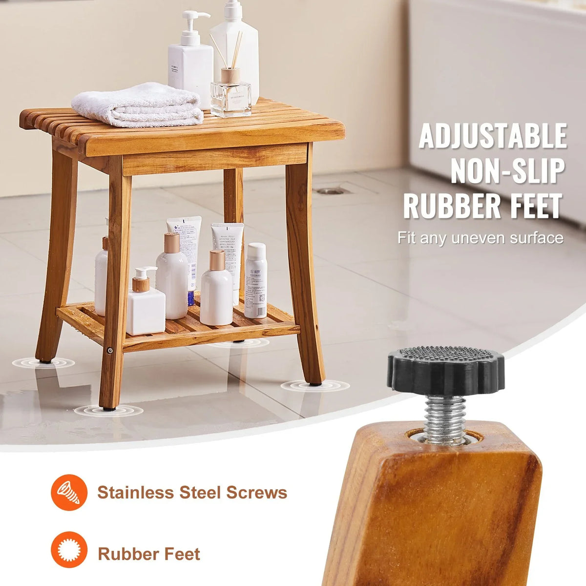VEVOR Teak Shower Bench, 20 x 14.3 x 17.9 in, Waterproof Wood Shower Stool with Storage Shelf Non-Slip Foot Pads, 400 lbs Maximum Load Capacity Shower Chair Seat, for Bathroom Indoor and Outdoor Use - View 4