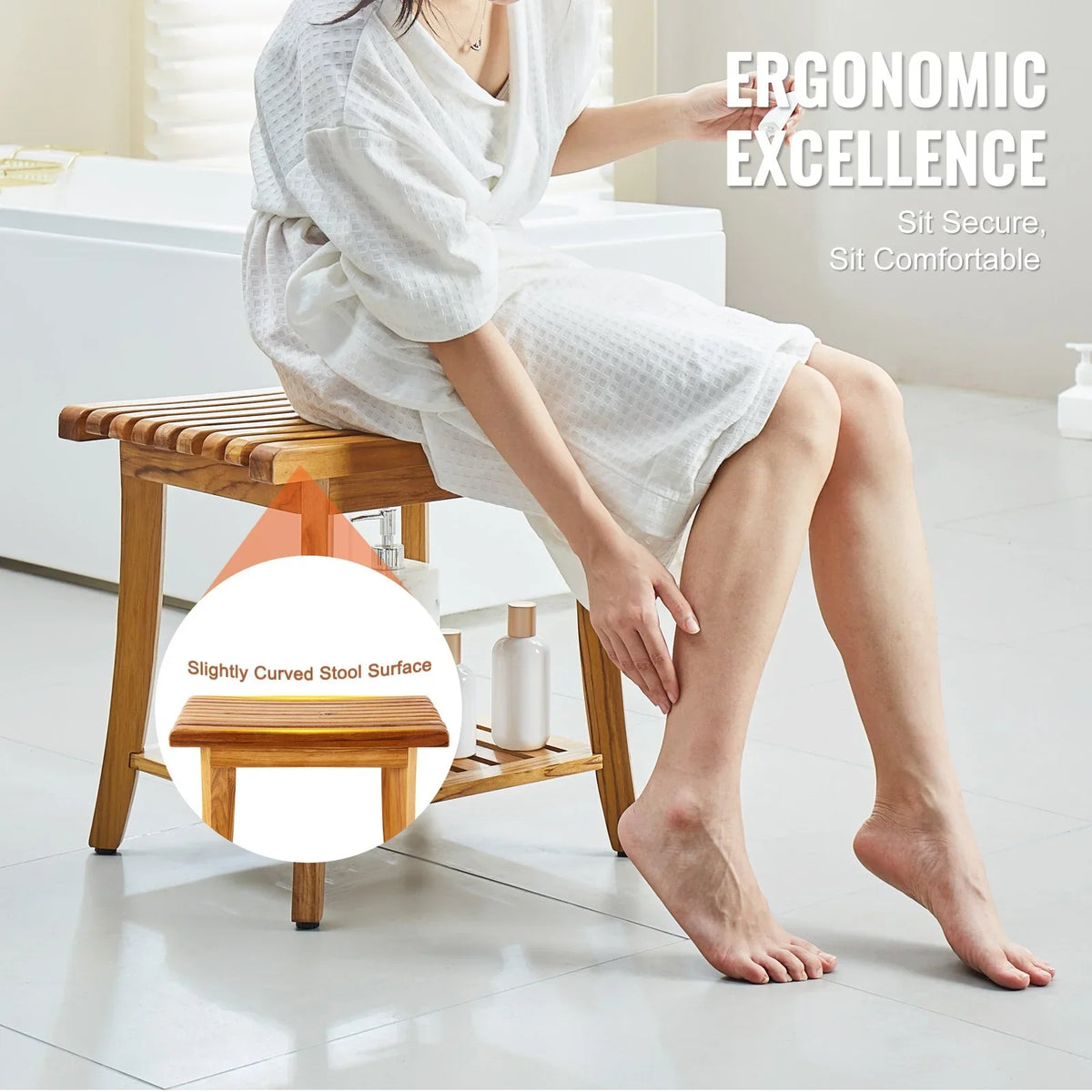 VEVOR Teak Shower Bench, 20 x 14.3 x 17.9 in, Waterproof Wood Shower Stool with Storage Shelf Non-Slip Foot Pads, 400 lbs Maximum Load Capacity Shower Chair Seat, for Bathroom Indoor and Outdoor Use - View 5