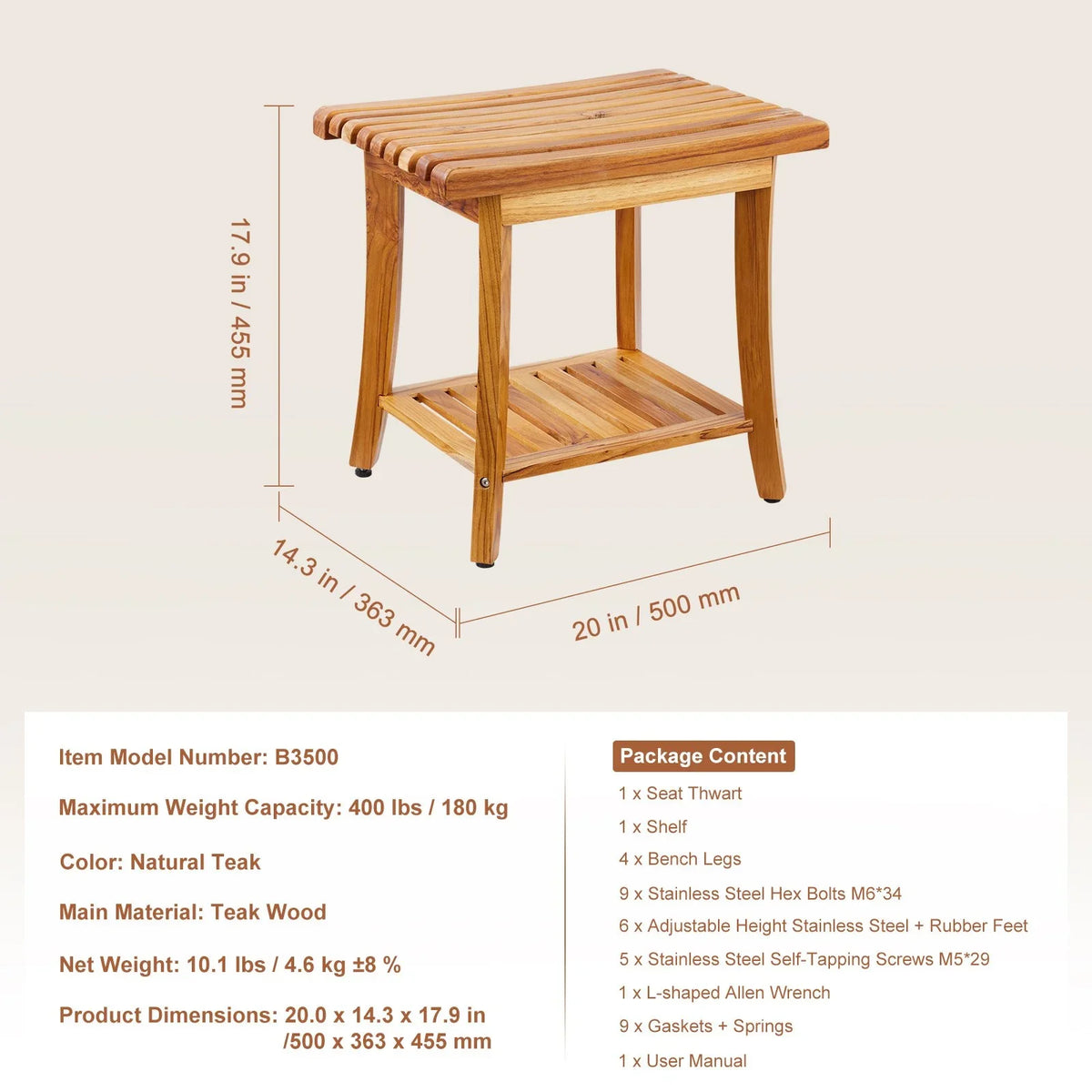 VEVOR Teak Shower Bench, 20 x 14.3 x 17.9 in, Waterproof Wood Shower Stool with Storage Shelf Non-Slip Foot Pads, 400 lbs Maximum Load Capacity Shower Chair Seat, for Bathroom Indoor and Outdoor Use - View 7