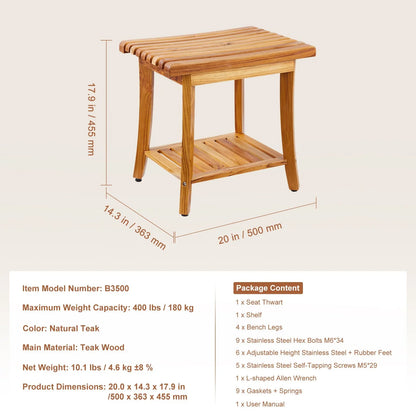 VEVOR Teak Shower Bench, 20 x 14.3 x 17.9 in, Waterproof Wood Shower Stool with Storage Shelf Non-Slip Foot Pads, 400 lbs Maximum Load Capacity Shower Chair Seat, for Bathroom Indoor and Outdoor Use - View 7