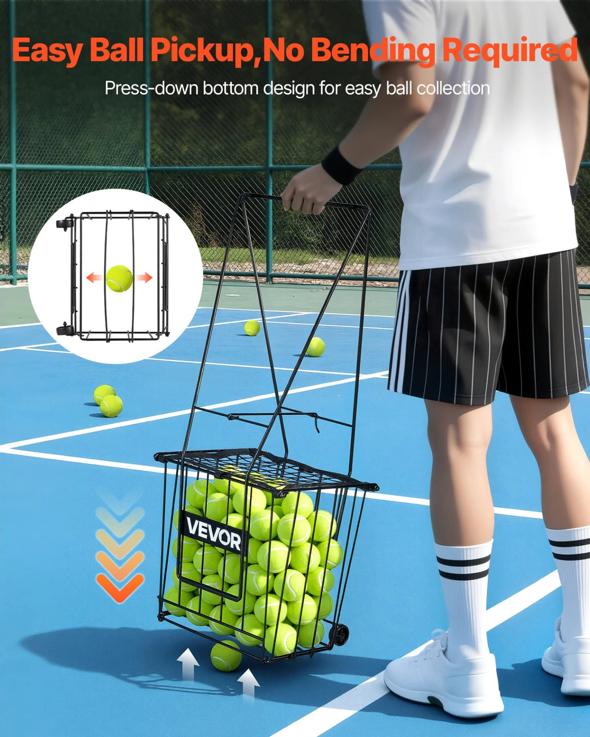 VEVOR Tennis Ball Hopper, Holds 75 Tennis Balls, Pickleball Basket Cart with Wheels for Easy Pick Up, Portable Pickleball Caddy with Heavy-Duty Construction, Handle, for Training Carrying Storage - View 2
