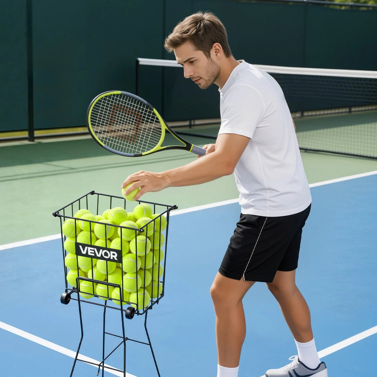 VEVOR Tennis Ball Hopper, Holds 75 Tennis Balls, Pickleball Basket Cart with Wheels for Easy Pick Up, Portable Pickleball Caddy with Heavy-Duty Construction, Handle, for Training Carrying Storage - View 7