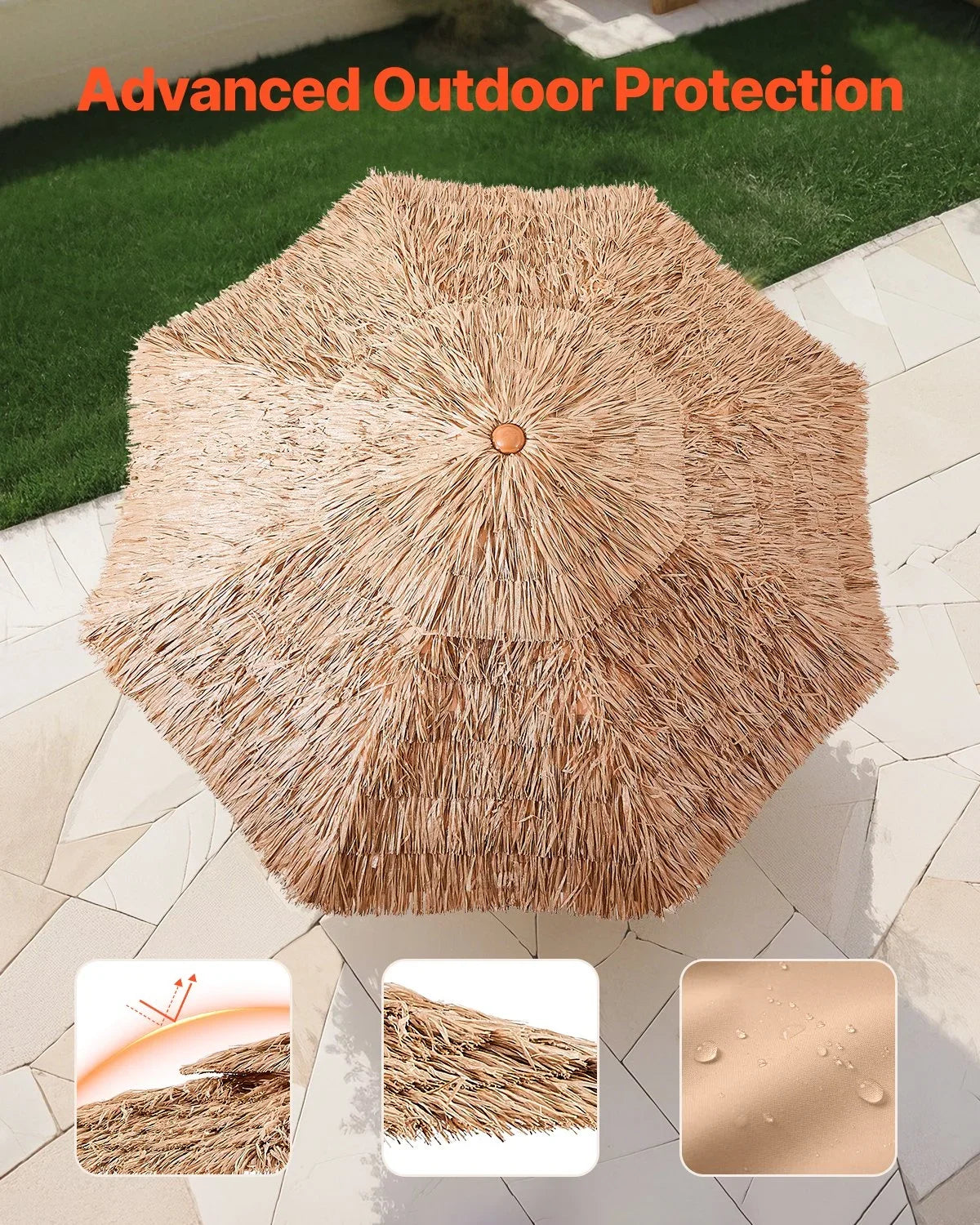 VEVOR Tiki Umbrella, 9 ft Thatched Patio Umbrella with Tilt, 2-Tier Hawaiian Style Beach Parasol with PP Thatch and 8 Metal Ribs, Grass Pool Umbrellas for Beach, Patio, Poolside, Backyard & Garden - View 4