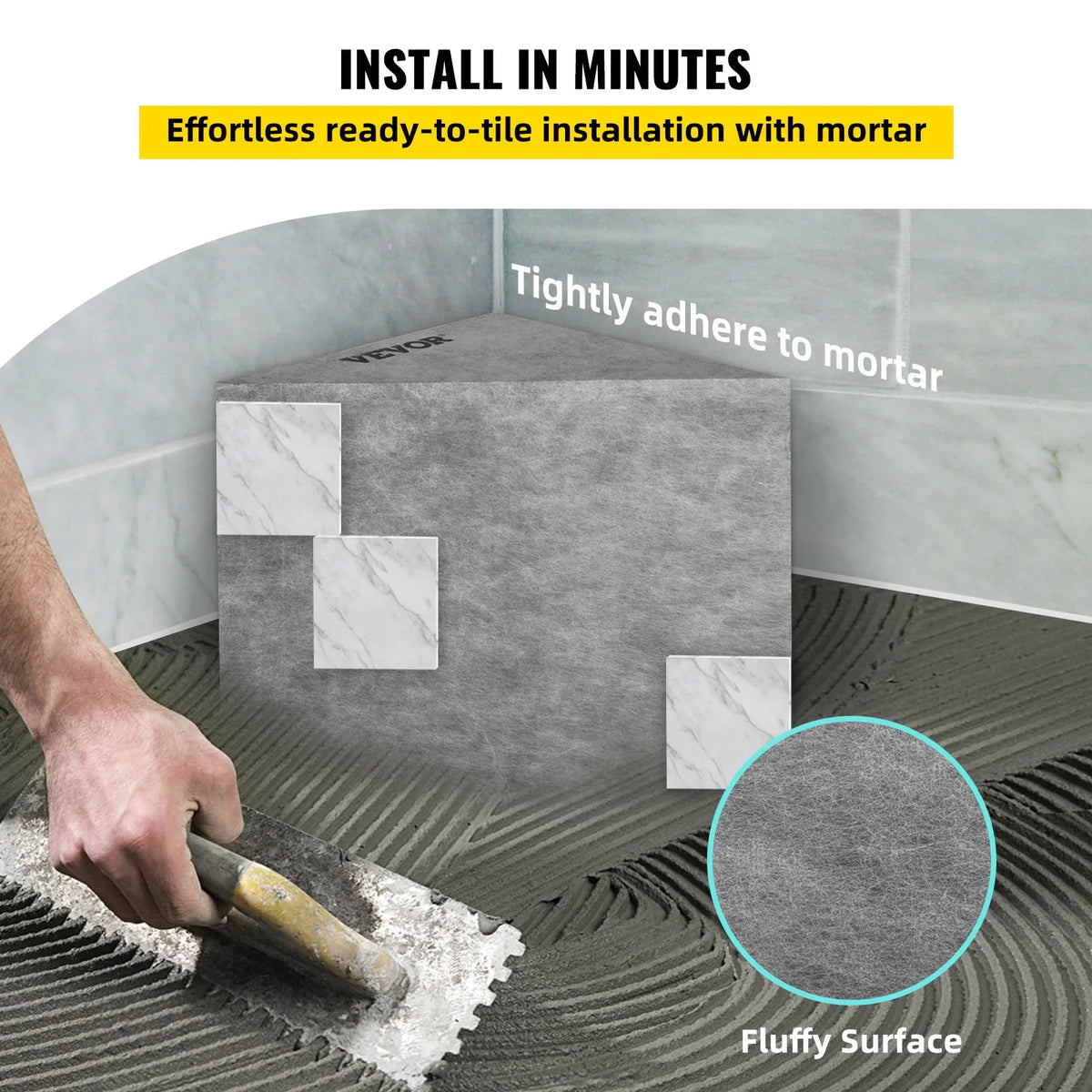 VEVOR Tile Shower Seat, 22.4" x 16" x 20" Ready to Tile Shower Seat, Factory Waterproof & 100% Leak Proof Tileable Shower Corner Seat, 440lbs Load-Bearing Triangular Board Shower Bench, Grey - View 6