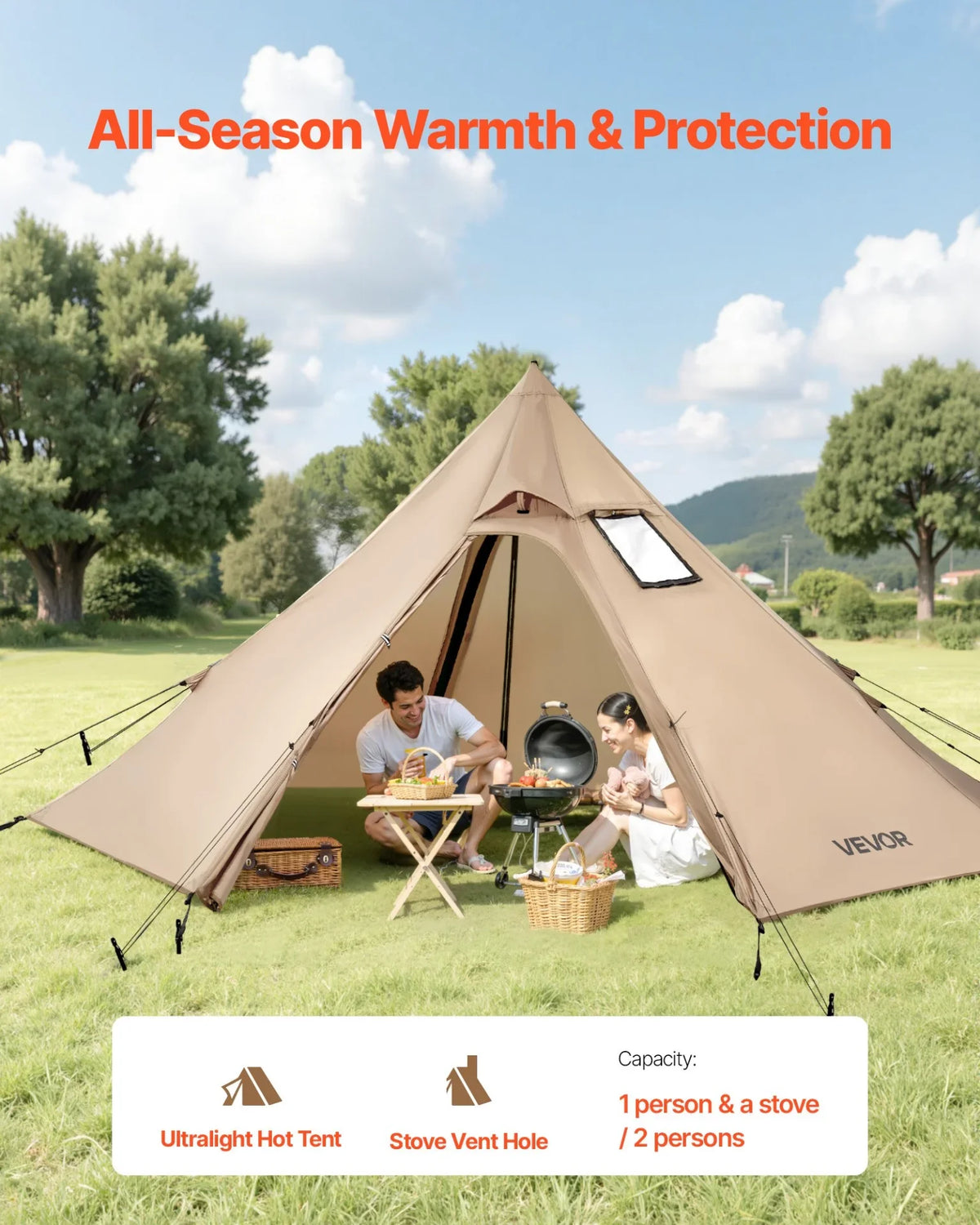 VEVOR Tipi Hot Tent with Stove Jack Waterproof Portable for 2 Persons Camping