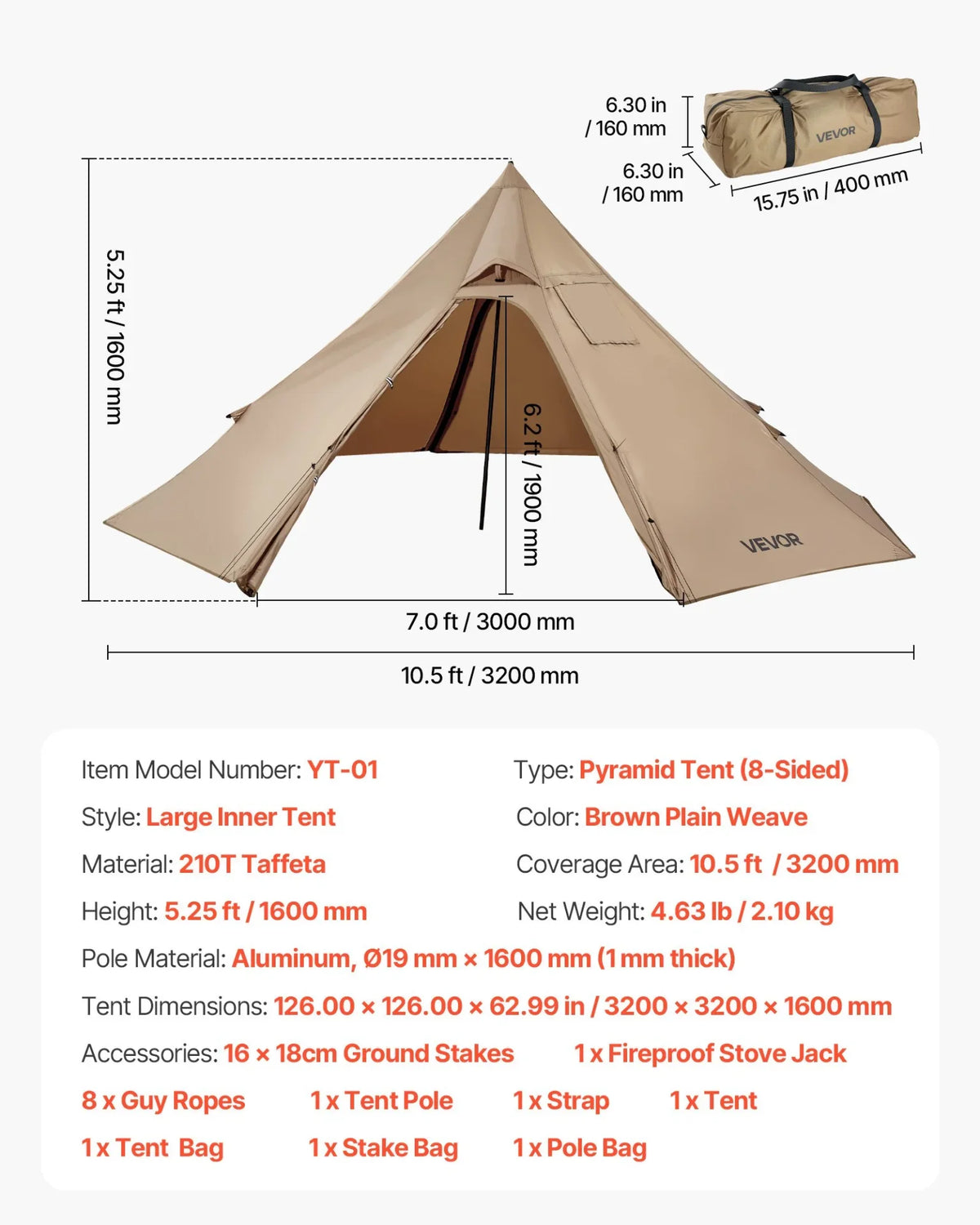 VEVOR Tipi Hot Tent with Stove Jack Waterproof Portable for 2 Persons Camping - View 6
