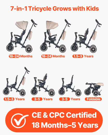 VEVOR Toddler Tricycle & Stroller for 18 Months to 5 Year Old, 7-in-1 Kids Trike with Parent Push Handle, Canopy, Rotating Seat and Storage, Tricycle for Toddlers, Birthday Toy for Boys and Girls
