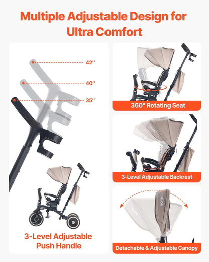 VEVOR Toddler Tricycle & Stroller for 18 Months to 5 Year Old, 7-in-1 Kids Trike with Parent Push Handle, Canopy, Rotating Seat and Storage, Tricycle for Toddlers, Birthday Toy for Boys and Girls - View 3