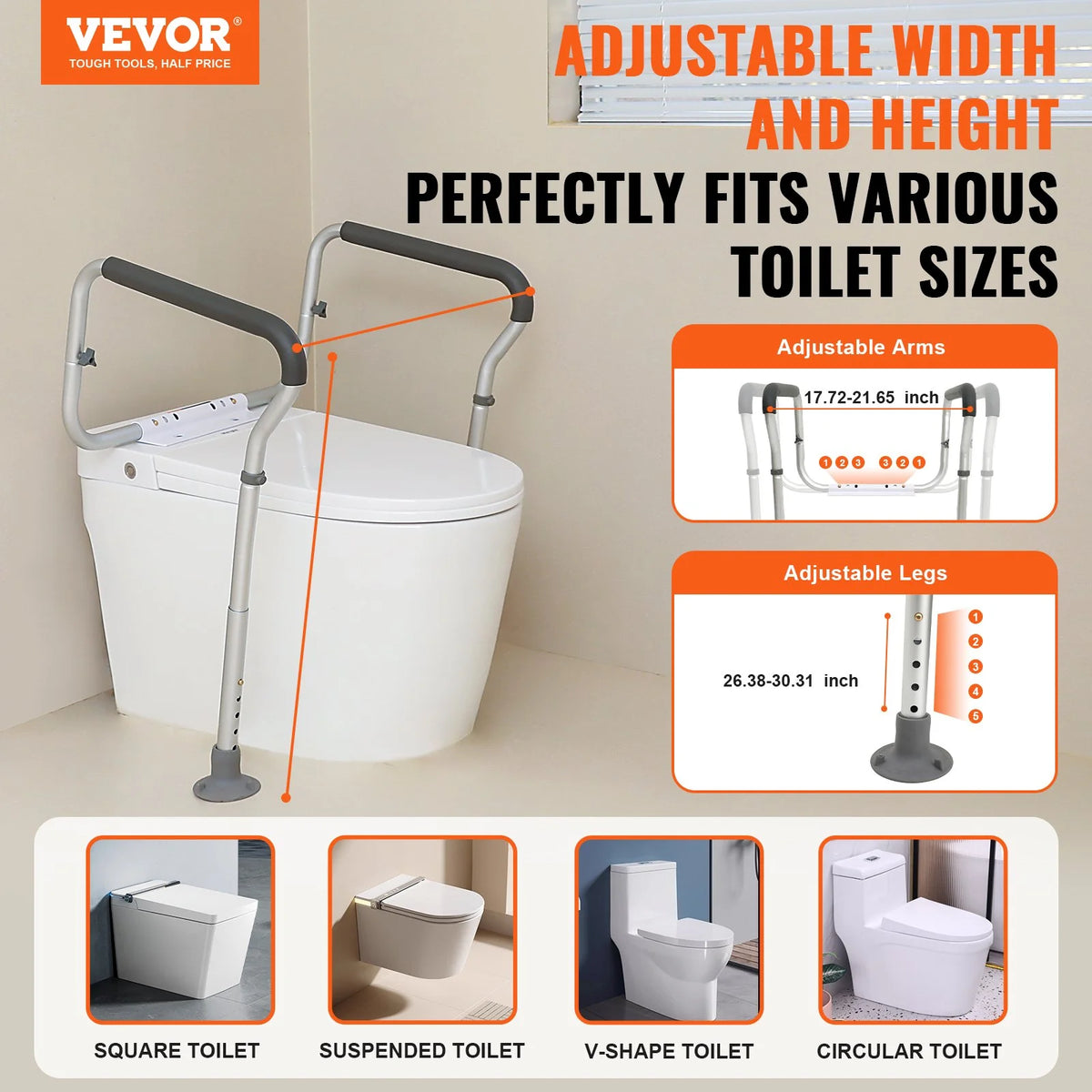 VEVOR Toilet Safety Rail, Bathroom Toilet Seat Frame, Adjustable Width & Height Fit Most Toilets, Supports 300lbs, Toilet Handles Grab Bars with Padded Armrests for Handicap, Disabled, Seniors - View 5