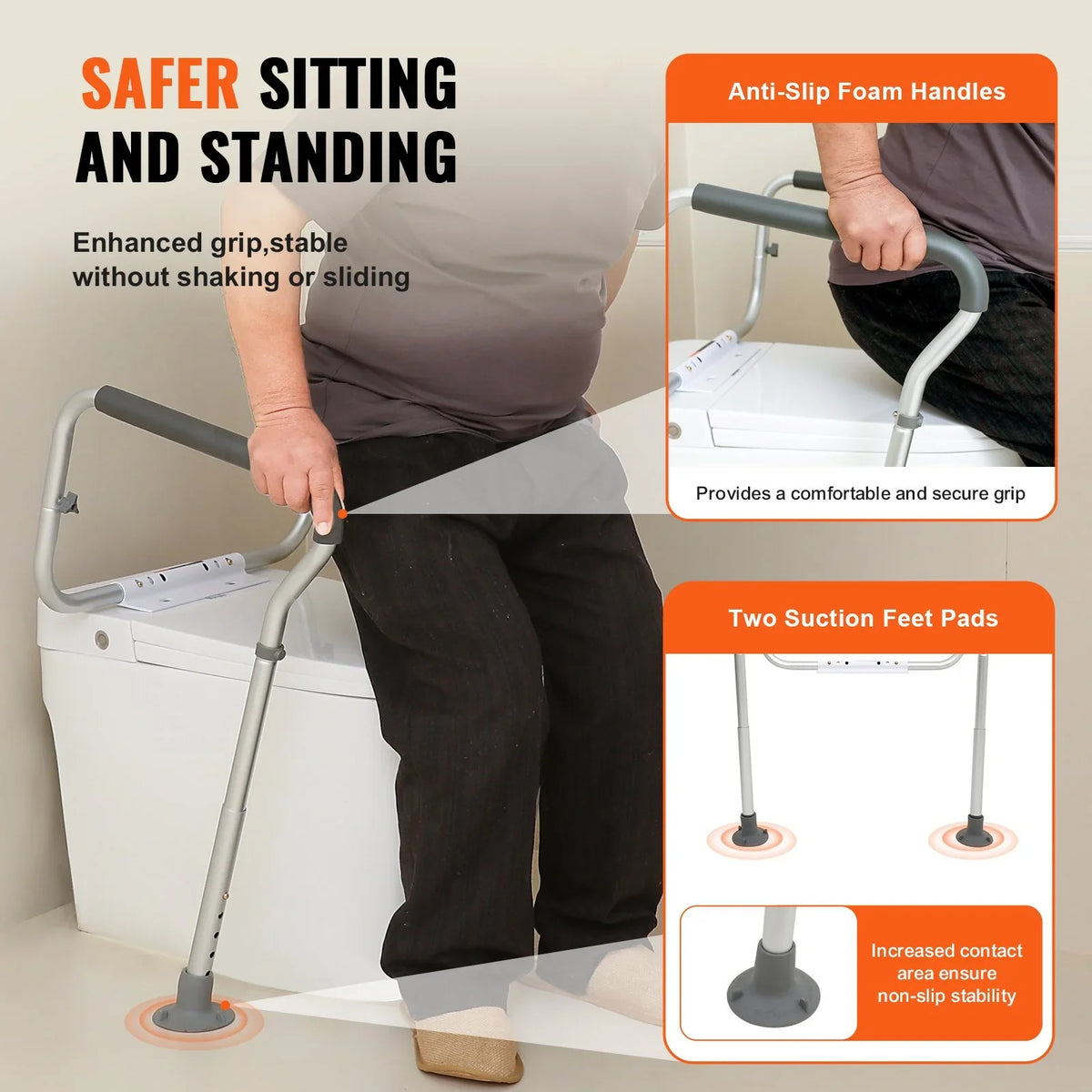 VEVOR Toilet Safety Rail, Bathroom Toilet Seat Frame, Adjustable Width & Height Fit Most Toilets, Supports 300lbs, Toilet Handles Grab Bars with Padded Armrests for Handicap, Disabled, Seniors - View 7