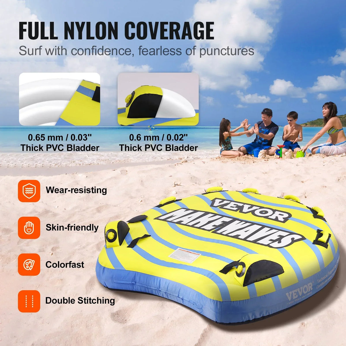 VEVOR Towable Tube for Boating, 1-3 Riders Inflatable Towable Tube with Bumper Fins, 510 lbs Water Sport Towable Tubes for Boats to Pull, Full Nylon Cover, EVA Grab Handles and Speed Safety Valve - View 2