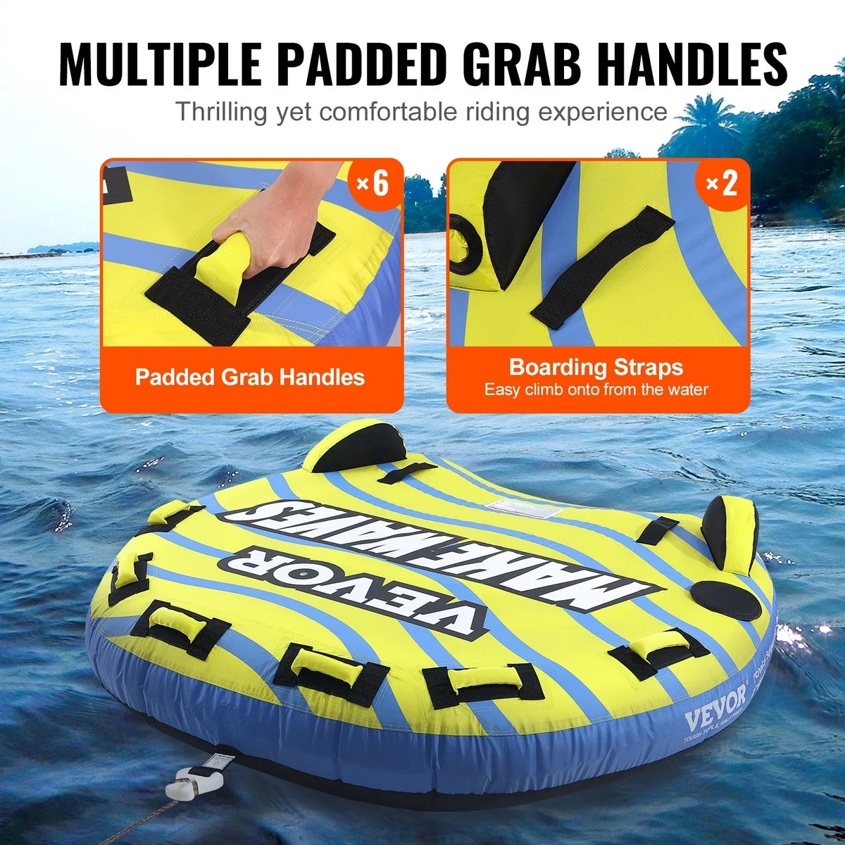 VEVOR Towable Tube for Boating, 1-3 Riders Inflatable Towable Tube with Bumper Fins, 510 lbs Water Sport Towable Tubes for Boats to Pull, Full Nylon Cover, EVA Grab Handles and Speed Safety Valve - View 4