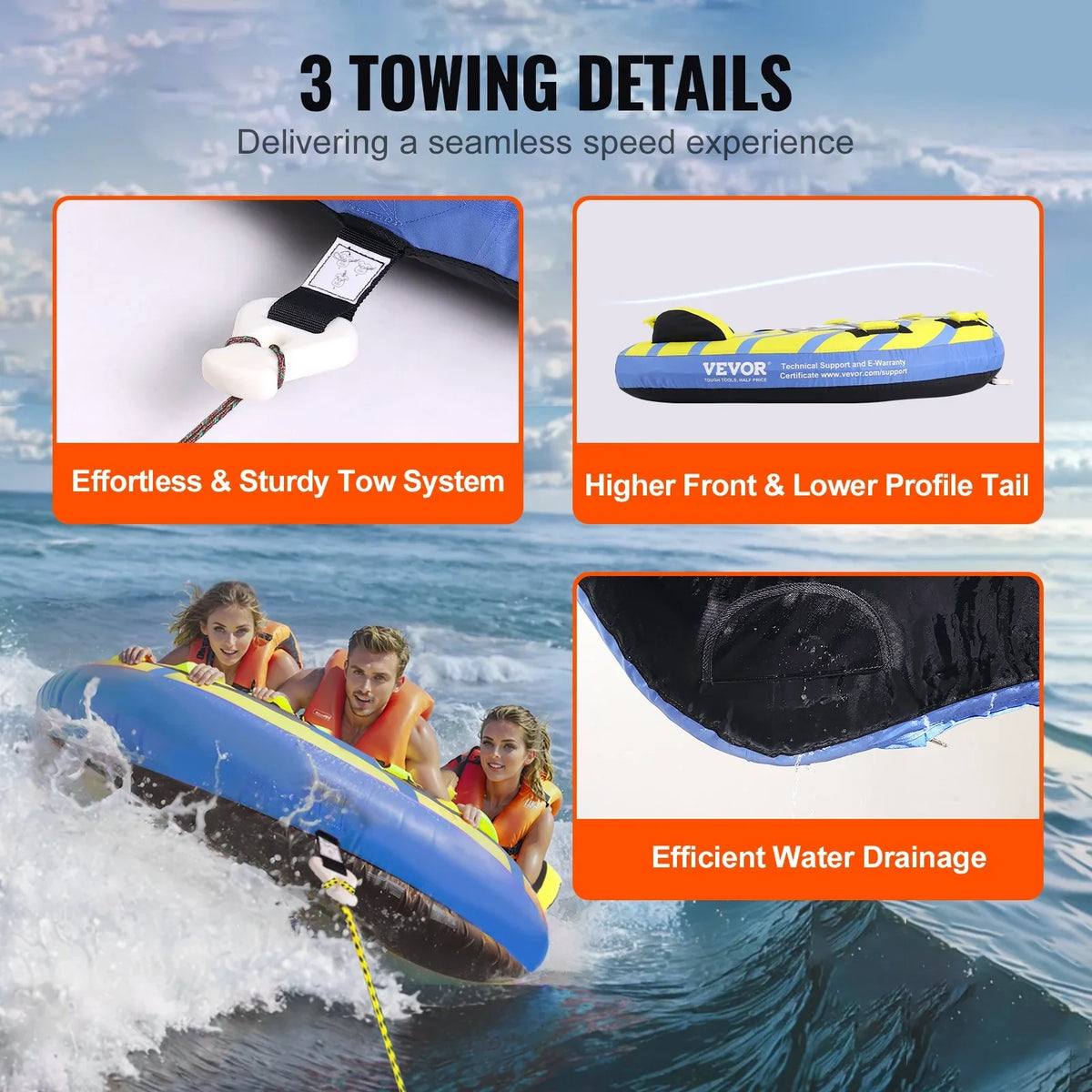 VEVOR Towable Tube for Boating, 1-3 Riders Inflatable Towable Tube with Bumper Fins, 510 lbs Water Sport Towable Tubes for Boats to Pull, Full Nylon Cover, EVA Grab Handles and Speed Safety Valve - View 5
