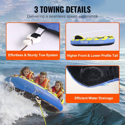 VEVOR Towable Tube for Boating, 1-3 Riders Inflatable Towable Tube with Bumper Fins, 510 lbs Water Sport Towable Tubes for Boats to Pull, Full Nylon Cover, EVA Grab Handles and Speed Safety Valve - View 5