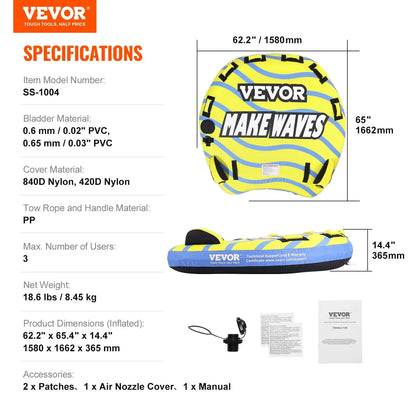 VEVOR Towable Tube for Boating, 1-3 Riders Inflatable Towable Tube with Bumper Fins, 510 lbs Water Sport Towable Tubes for Boats to Pull, Full Nylon Cover, EVA Grab Handles and Speed Safety Valve - View 6