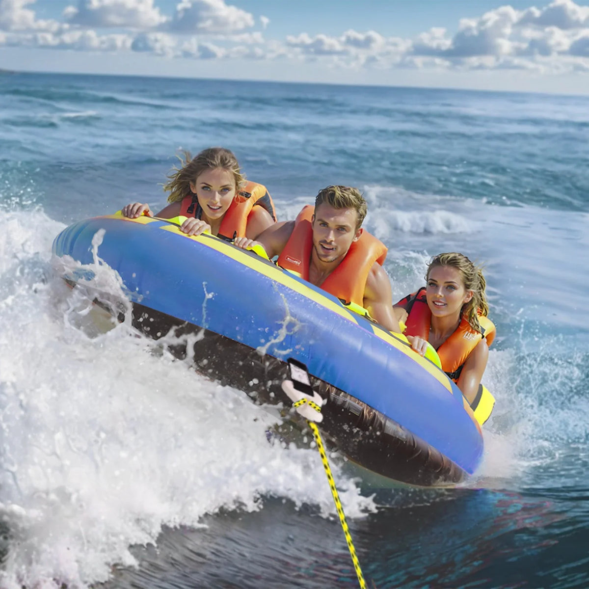 VEVOR Towable Tube for Boating, 1-3 Riders Inflatable Towable Tube with Bumper Fins, 510 lbs Water Sport Towable Tubes for Boats to Pull, Full Nylon Cover, EVA Grab Handles and Speed Safety Valve - View 7
