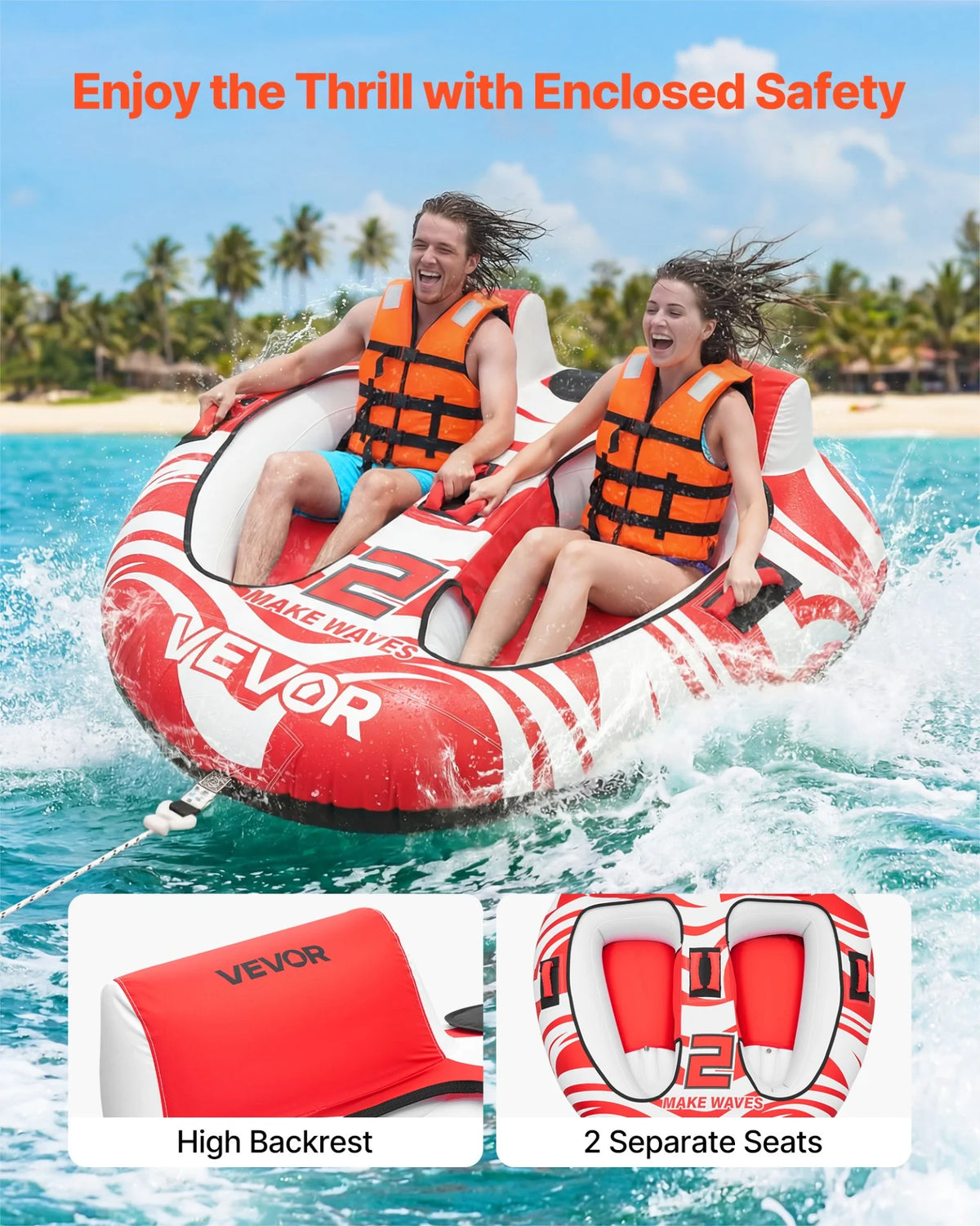 VEVOR Towable Tubes for Boating, 2-Rider Inflatable Boat Tubes and Towables, 340 lbs Capacity Water Sport Tubes for Boat to Pull - with 2 Cockpits, Full Nylon Cover, Padded Grab Handles & Safety Valve