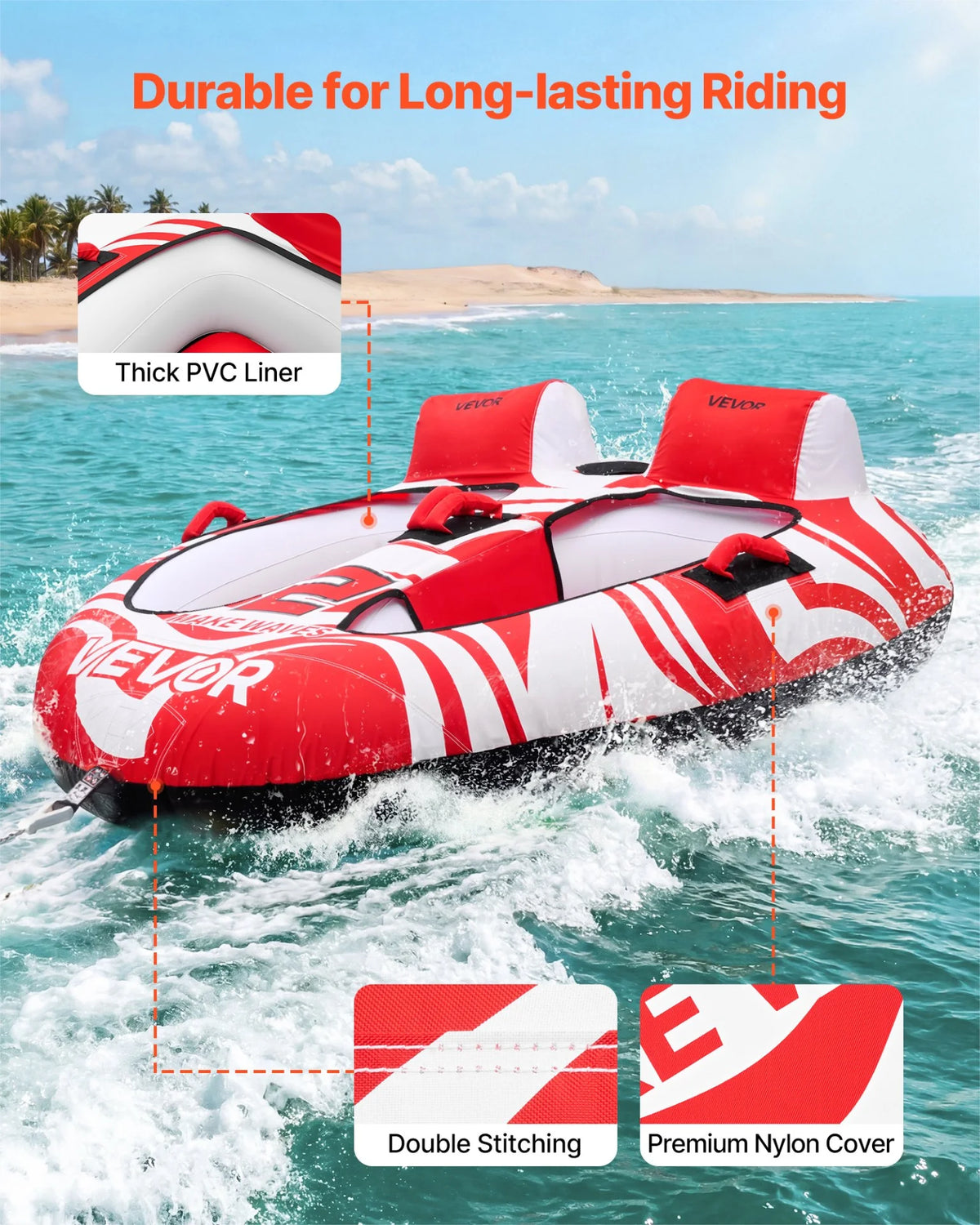 VEVOR Towable Tubes for Boating, 2-Rider Inflatable Boat Tubes and Towables, 340 lbs Capacity Water Sport Tubes for Boat to Pull - with 2 Cockpits, Full Nylon Cover, Padded Grab Handles & Safety Valve - View 2