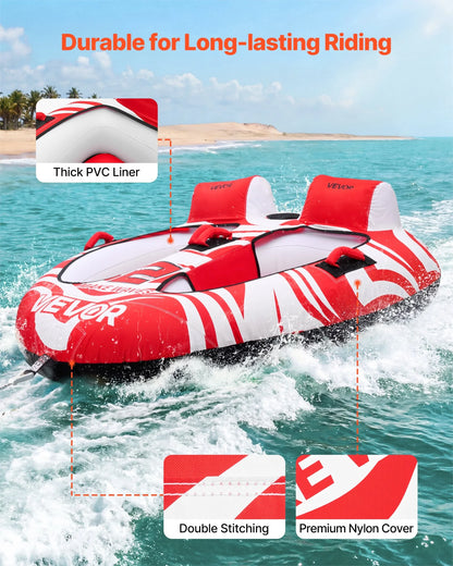VEVOR Towable Tubes for Boating, 2-Rider Inflatable Boat Tubes and Towables, 340 lbs Capacity Water Sport Tubes for Boat to Pull - with 2 Cockpits, Full Nylon Cover, Padded Grab Handles & Safety Valve - View 2