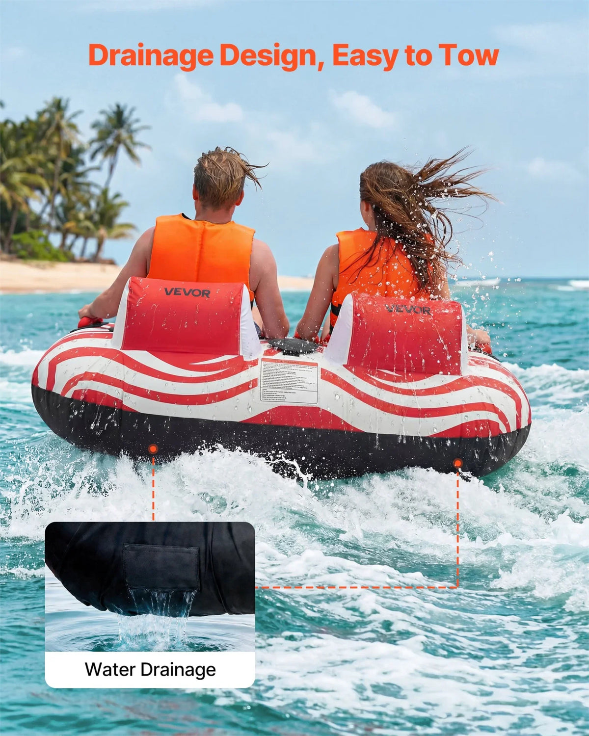VEVOR Towable Tubes for Boating, 2-Rider Inflatable Boat Tubes and Towables, 340 lbs Capacity Water Sport Tubes for Boat to Pull - with 2 Cockpits, Full Nylon Cover, Padded Grab Handles & Safety Valve - View 5