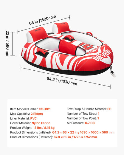 VEVOR Towable Tubes for Boating, 2-Rider Inflatable Boat Tubes and Towables, 340 lbs Capacity Water Sport Tubes for Boat to Pull - with 2 Cockpits, Full Nylon Cover, Padded Grab Handles & Safety Valve - View 6