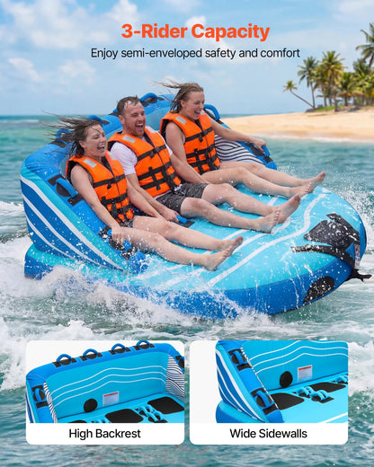 VEVOR Towable Tubes for Boating, 3-Rider Inflatable Towable Tube for Boat to Pull, 510 lbs Capacity Water Sports Boating Tubes - with Full Nylon Cover, Dual Tow Points, Safety Valve & Padded Handles