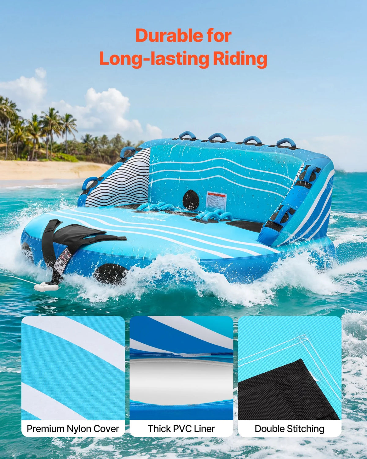 VEVOR Towable Tubes for Boating, 3-Rider Inflatable Towable Tube for Boat to Pull, 510 lbs Capacity Water Sports Boating Tubes - with Full Nylon Cover, Dual Tow Points, Safety Valve & Padded Handles - View 3