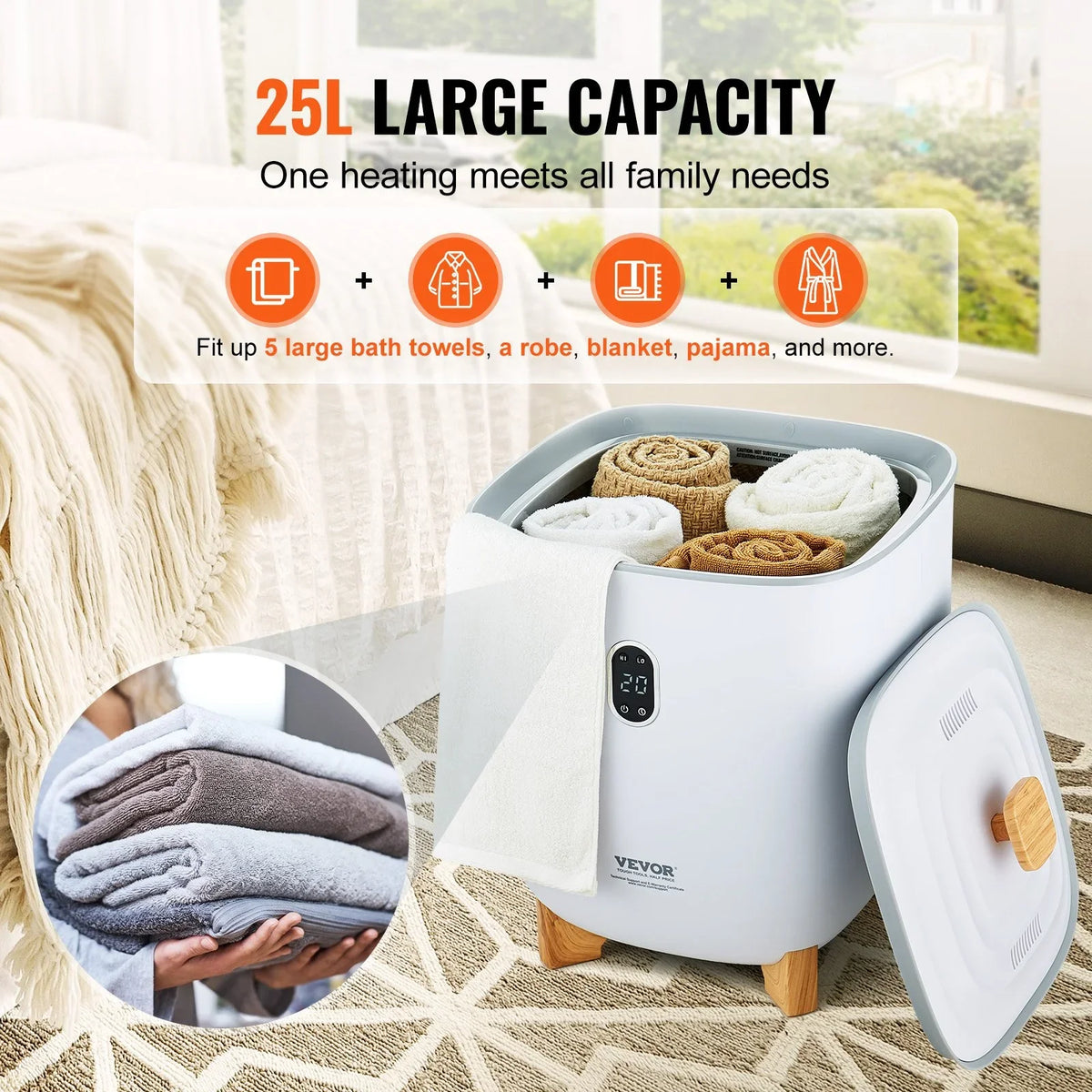 VEVOR Towel Warmers for Bathroom, 25 L Towel Warmer Bucket with Auto Shut Off for Spa Fits up to 5 Oversized Bath Towels, Blankets, Clothes, Bathrobes, PJ's and More - View 3